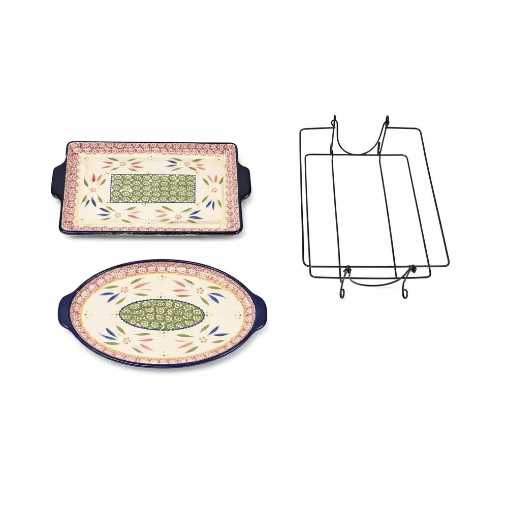 Temptations Old World Hand Painted Ceramic Platters Ovenwear Set w/ Metal Racks